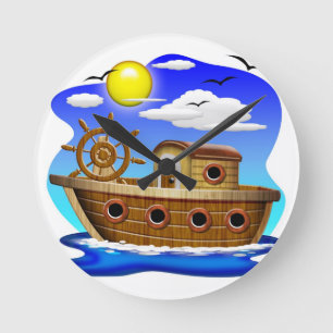 Fischboot Cartoon  Runde Wanduhr