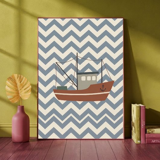 Fischboot Chevron Blau Jungen Kinderzimmer Kunstpr Poster