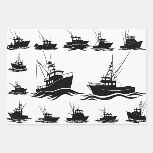 Fischboot-Silhouetten-Muster-Wrap-Papier Geschenkpapier Set (Vorderseite)