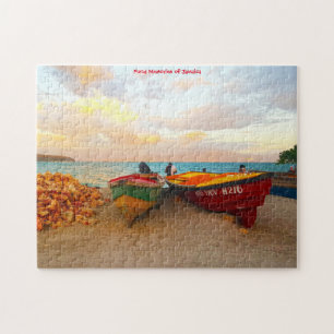 Fischboote an einem jamaikanischen Strand. Puzzle