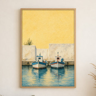 Fischboote in einem winzigen Hafen Wasserfarbenpos Poster