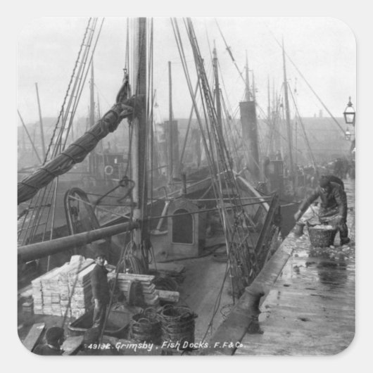 Fischdocks, Grimsby, Anfang des 20. Jahrhunderts Quadratischer Aufkleber (Vorderseite)