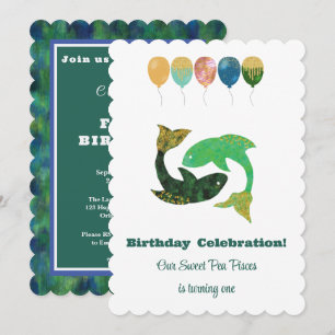Fische 1. Geburtstag Impressionist Gold Glitter Einladung