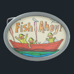 Fische ahoi! ovale gürtelschnalle<br><div class="desc">Künstler: Glücklicher Fischer Freds Orfe |,  der die Fische über der Seite eines Bootes zählt.</div>