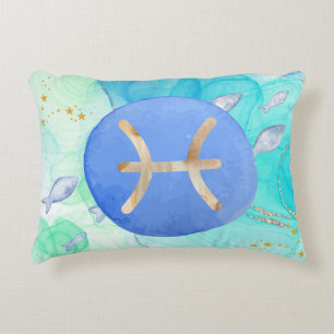 Fische Blau Grün Aquarell Astrologie Tierkreiszeic Dekokissen