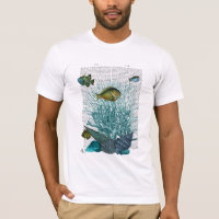 Fische, blaue Muscheln und Korallen