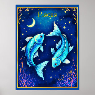 Fische des Sternzeichens Fische schwimmen in kosmi Poster