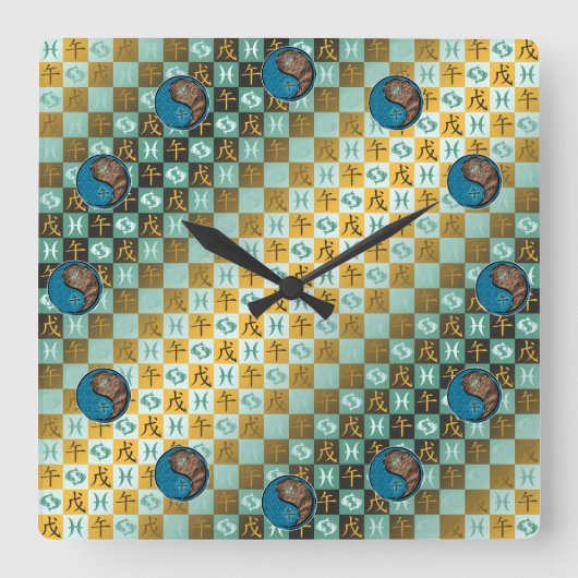 Fische & Erdpferd Quadratische Wanduhr (Vorderseite)