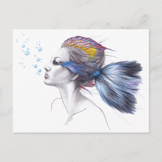 Fische Meerjungfrau Portrait Surreal zeichnend Kun Postkarte (Vorderseite)