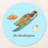 Fische mit Meeresschildkröte auf dem Wasser Runder Pappuntersetzer (Vorderseite)