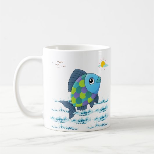 Fische mit Sonne und Vögel im Himmel über Wasser C Kaffeetasse (Links)