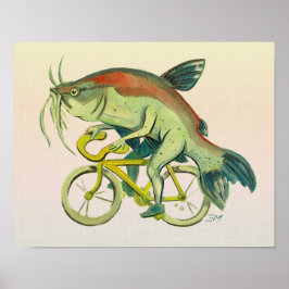 Fische reiten mit dem Fahrrad Warme Hintergrund Poster