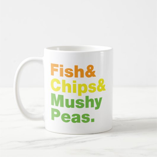 Fische u. Chips u. breiartige Erbsen Kaffeetasse (Links)