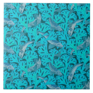 FISCHE UND ALGAE IM AQUA BLAU Art Nouveau Muster Fliese
