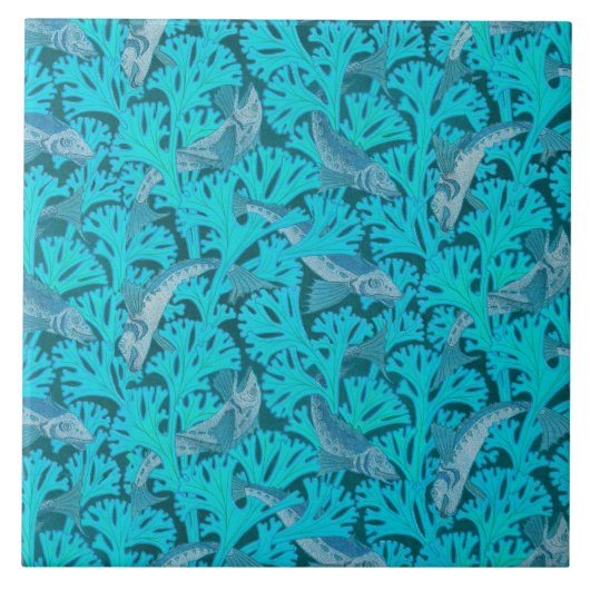 FISCHE UND ALGAE IM AQUA BLAU Art Nouveau Muster Fliese (Vorderseite)