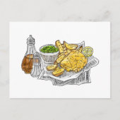 Fische und Chips auf einer Postkarte (Vorderseite)