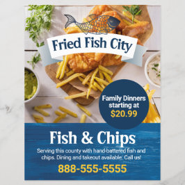 Fische und Chips | Restaurant mit Meeresfrüchten | Flyer