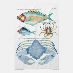 Fische und Krabben auf altem Papier Geschirrtuch
