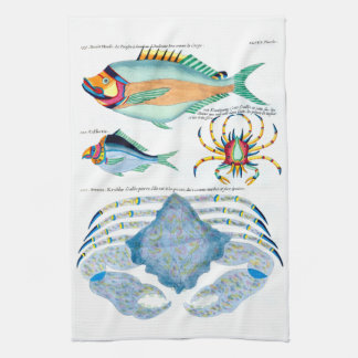 Fische und Krabben auf altem Papier Geschirrtuch
