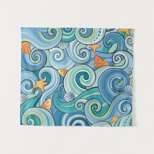 Fische unter dem Wellen-Muster Wandteppich (Vorderseite (Horizontal))