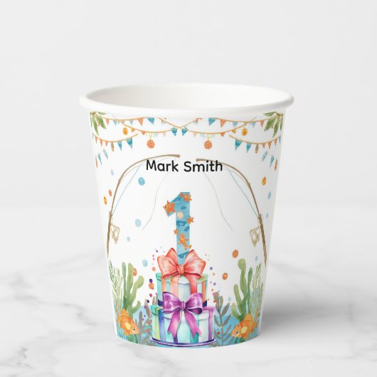 Fischen 1. Geburtstag Party mit Kuchendekoration Pappbecher (Vorderseite)