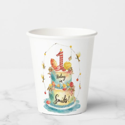 Fischen 1. Geburtstag Party mit Kuchendekoration Pappbecher (Vorderseite)