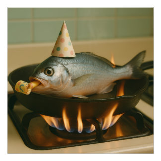 Fischen in einem Skillet mit einem Party, auf dem Fotodruck