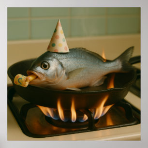 Fischen in einem Skillet mit einem Party, auf dem Poster