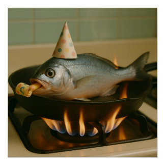 Fischen in einem Skillet mit einem Party, auf dem Poster