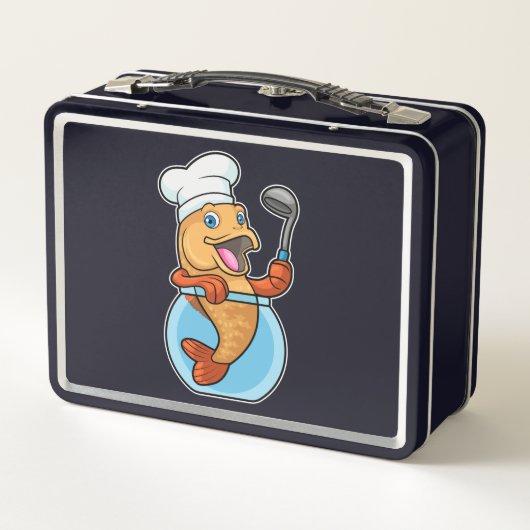 Fischen in Glas als Koch mit Soup-Löffel Metall Brotdose (Rückseite)