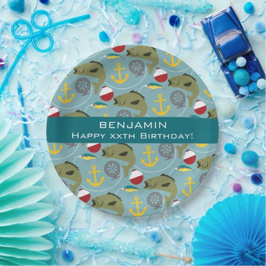 Fischen-Muster mit individuellem Namen Pappteller (Party)