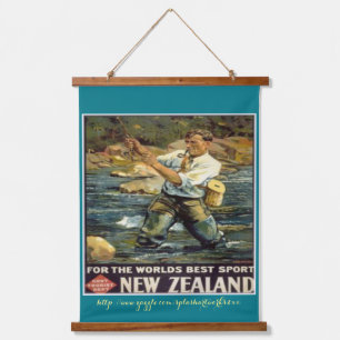 "Fischen Neuseeland-Vintage" Wandteppich Mit Holzrahmen
