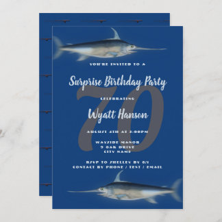Fischen Themenalter große Zahl Geburtstag Blau Einladung