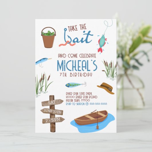 Fischen zum Geburtstag Einladung (Stehend Vorderseite)