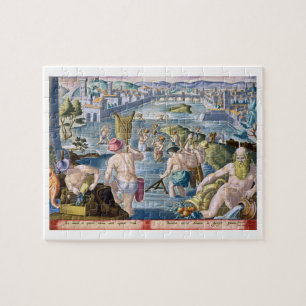 Fischend im seichten Wasser unter Verwendung der Puzzle
