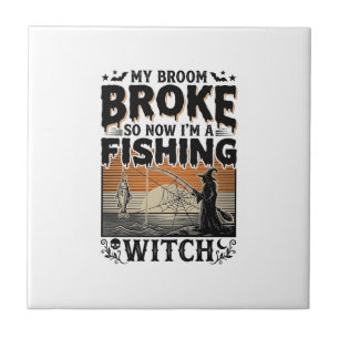 Fischende Hexe Halloween Vintage Vektor Design_1 Fliese