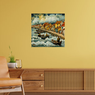 Fischer auf Schiffen im Stormy Sea Van Gogh-Stil Poster