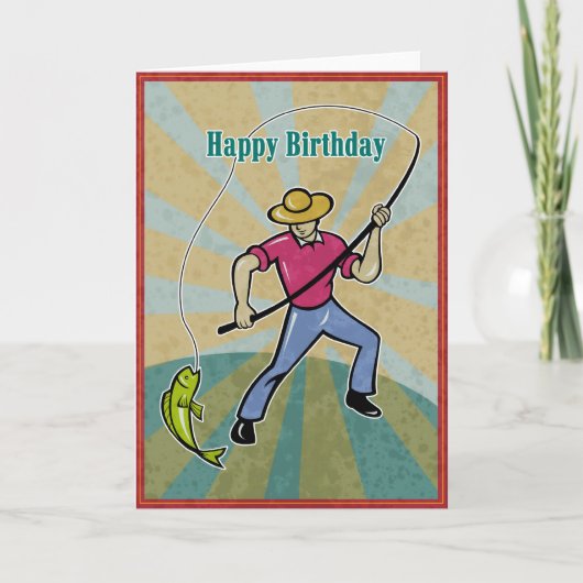 Fischer, die Fische mit Vintagem Angelruten fangen Karte (Vorderseite)