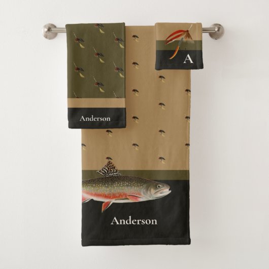 Fischer Fischen Forellen Tan Black Olive Badhandtuch Set (Insitu)