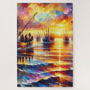 Fischer holen sich bei Sonnenaufgang ab. Puzzle