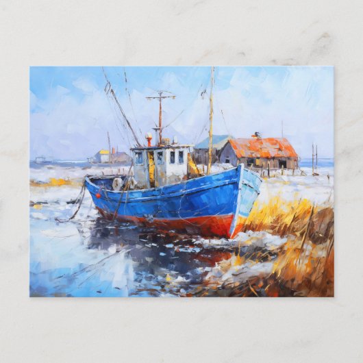 Fischerboot im Winter. Hafen. Vintage Kunst Postkarte (Vorderseite)