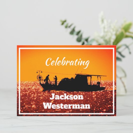 Fischerboot in Sunset Memorial Einladung (Stehend Vorderseite)