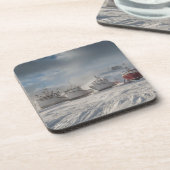 Fischerboote im Schnee Getränkeuntersetzer (Linke Seite)