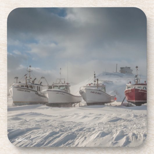 Fischerboote im Schnee Getränkeuntersetzer (Vorderseite)