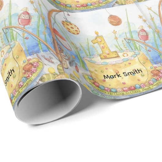 Fischerei 1. Geburtstag Geschenkpapier (Rolleneckpunkt)