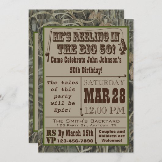 Fischerei 50. Geburtstag Einladung mit Camouflage (Vorne/Hinten)
