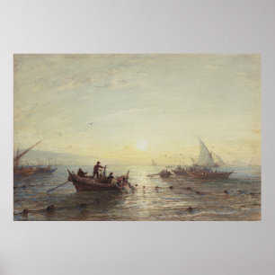 Fischerei bei Sonnenaufgang vor der Küste bei Mars Poster