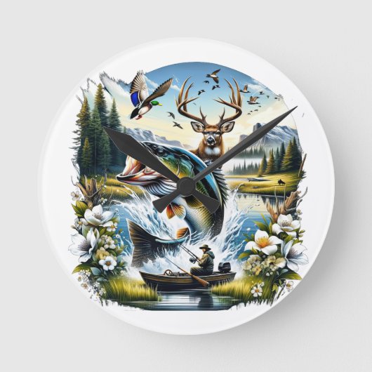 Fischerei, Hirsch, Entenjagd Runde Wanduhr (Vorderseite)