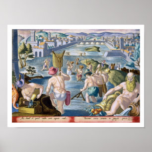 Fischerei in flachen Gewässern mit Netzen, Platte  Poster