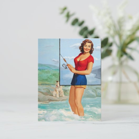 Fischerei mit Hundepup Postkarte (Stehend Vorderseite)